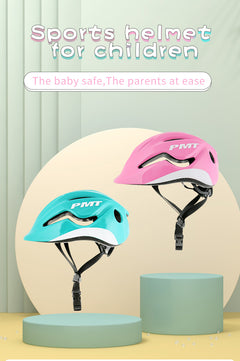 Child wearing a PMT K-10 helmet while riding a bike, demonstrating real-world fit and comfort