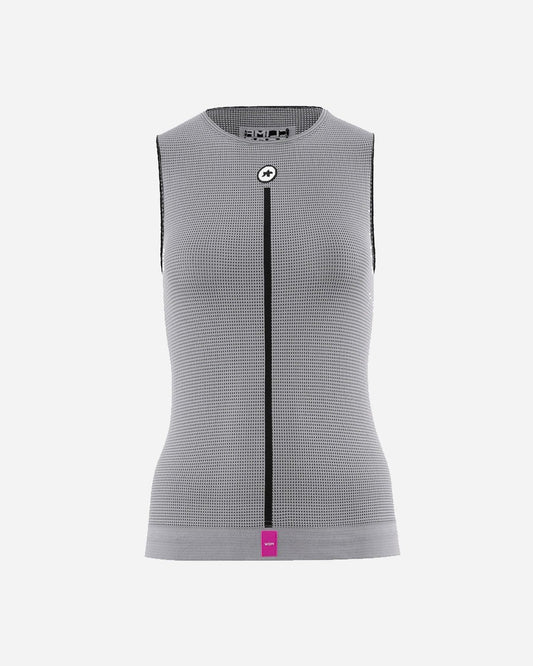Assos Summer P1 SS Women's Sleeveless Base Layer on a model, showcasing the seamless mesh fabric for optimal breathability.