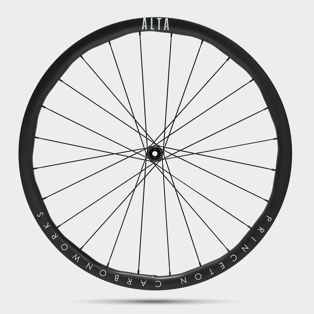 Top-down view of the ultralight Princeton CarbonWorks ALTA 3532 road bike wheels optimized for steep climbs.