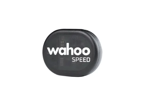 Detailed view of the WAHOO RPM BIKE SPEED SENSOR, highlighting its compact design suitable for hub mounting.