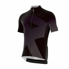 Close-up of Approved Fundamental LTD black cycling jersey on rider, focusing on sleeve and torso design for high-intensity r…