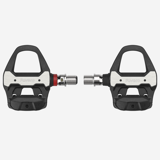 Close-up of the Favero Assioma PRO RS-1 single-sided road power meter pedal, highlighting its robust body and ANT+/Bluetooth…