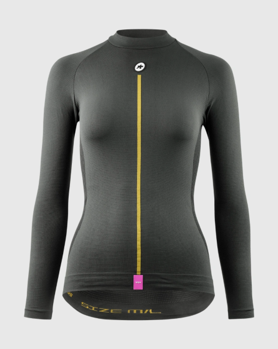 ASSOS Women's Spring/Fall LS Skin Layer P1, front view on model, showcasing ergonomic fit and seamless construction.