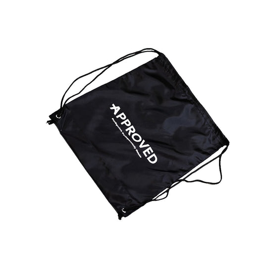 Approved Drawstring Cycling Bag, front view, showcasing premium black polyester and white Approved logo.