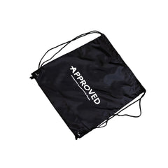 Approved Drawstring Cycling Bag, front view, showcasing premium black polyester and white Approved logo.