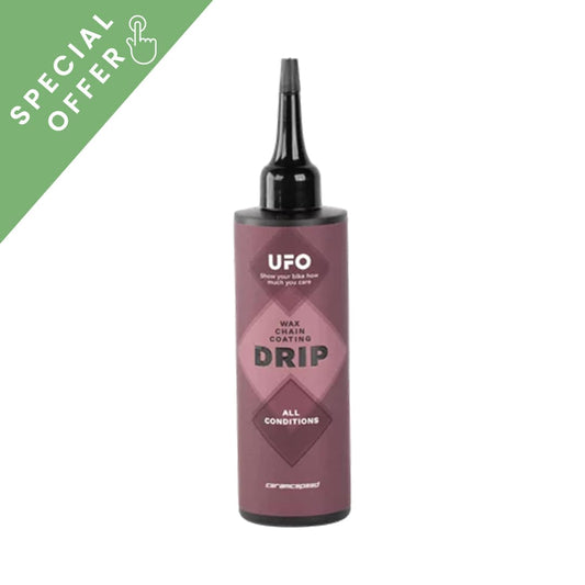 CeramicSpeed UFO Drip chain coating, 100ml bottle, illustrating compact size and new white-to-clear formula.