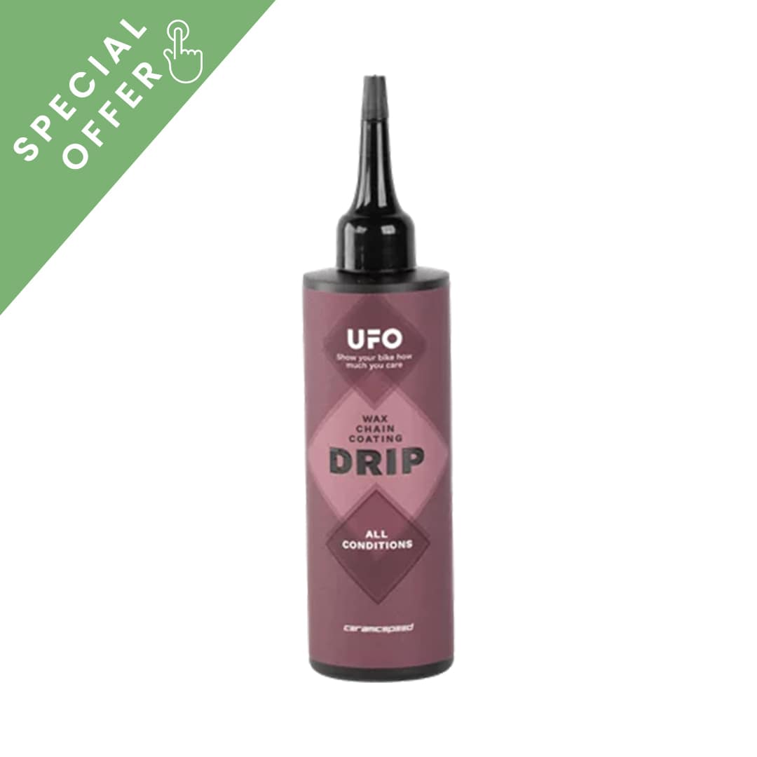 CeramicSpeed UFO Drip chain coating, 100ml bottle, illustrating compact size and new white-to-clear formula.