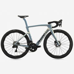 Front quarter view of Pinarello Dogma F 2025 road bike, accentuating fork design and Vittoria N.EXT 700x28 tires.