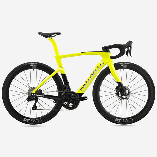 Pinarello Dogma F 2025 road bike, full side profile showcasing aerodynamic frame and integrated cockpit.