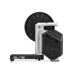 Elite Rivo direct-drive smart trainer side view, emphasizing quiet operation and high accuracy for training.
