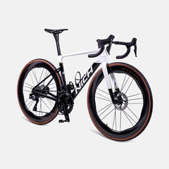 Approved Cycling Nich Faith Road Bike, silhouette against a blurred road racing background, dynamic shot