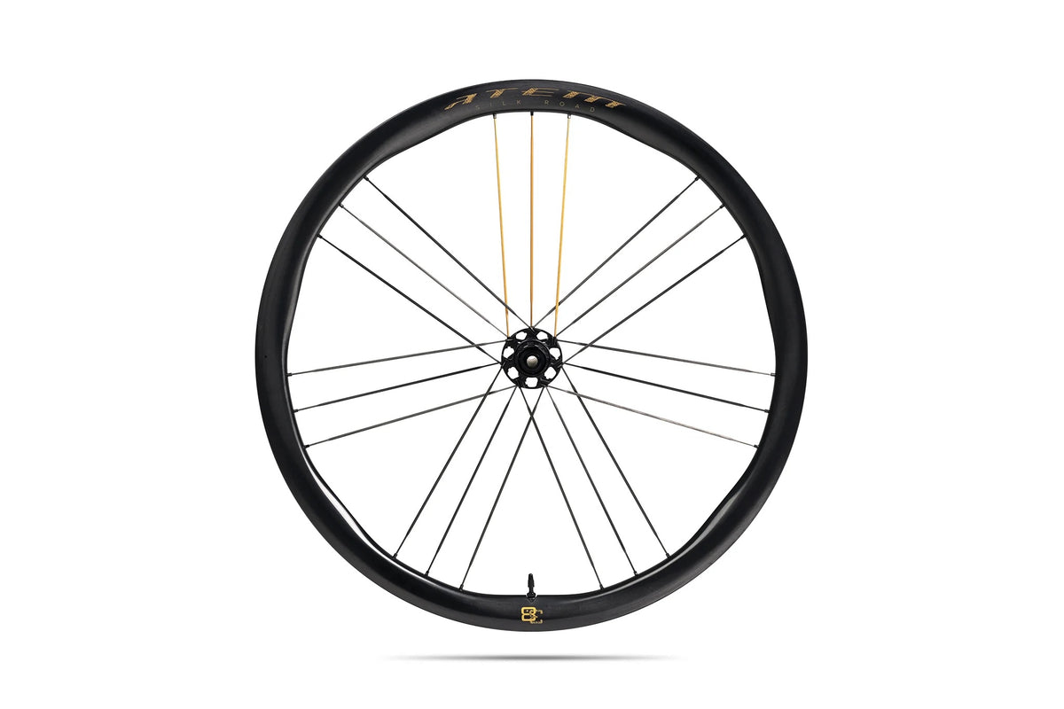 Approved Cycling ATEM SilkRoad 3.8 wheels, side view, showcasing the asymmetric wave rim profile.