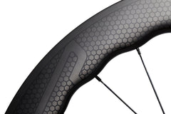 Princeton CarbonWorks Wake 6560 Corsa DB wheelset, detailed view of aerodynamic rim profile.