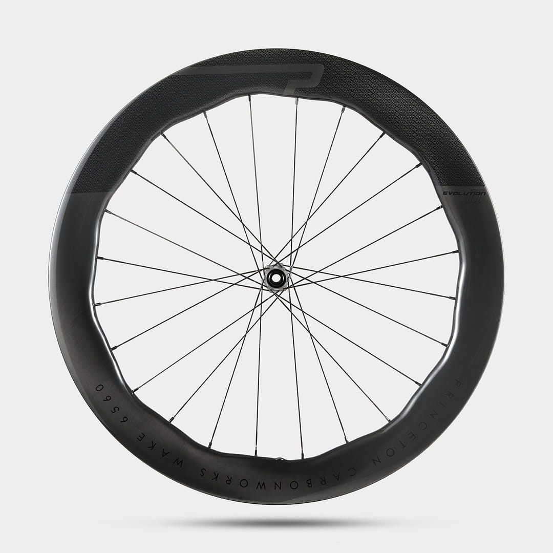 Princeton CarbonWorks Wake 6560 Evolution II wheelset, side profile, showing aerodynamic rim shape