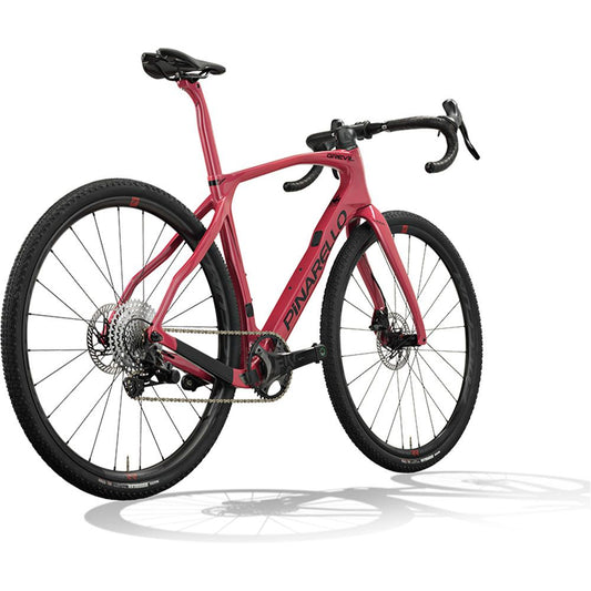 Closeup of Approved Cycling's Pinarello Grevil F7 Red Wine carbon gravel bike, highlighting Toray T700 weave on the downtube.
