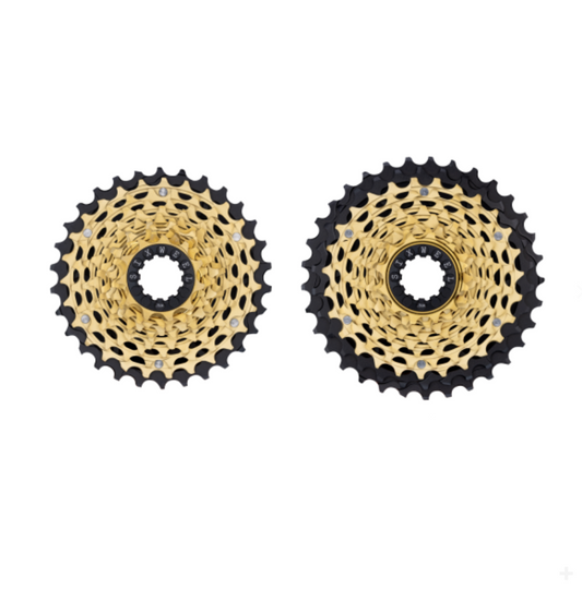 Detail of the SixWeel 12s Evo Cassette's aerospace-grade steel cogs, highlighting advanced heat treatment and nickel plating.
