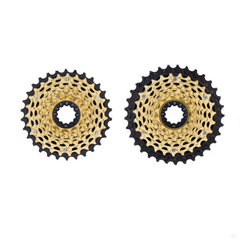 Detail of the SixWeel 12s Evo Cassette's aerospace-grade steel cogs, highlighting advanced heat treatment and nickel plating.