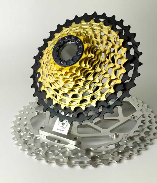 Side view of a SixWeel 12s Evo Steel Series Cassette, showcasing its precise CNC machining and robust design.