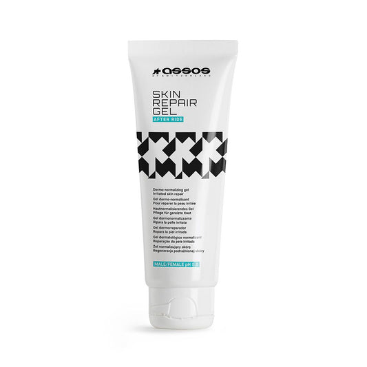 ASSOS Skin Repair Gel Evo 75ml tube, front angled view, highlighting nature-powered ingredients for post-ride skin care.