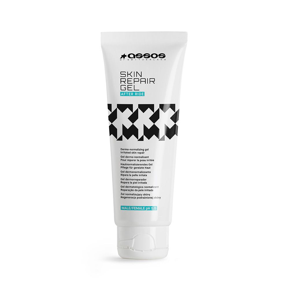 ASSOS Skin Repair Gel Evo 75ml tube, front angled view, highlighting nature-powered ingredients for post-ride skin care.