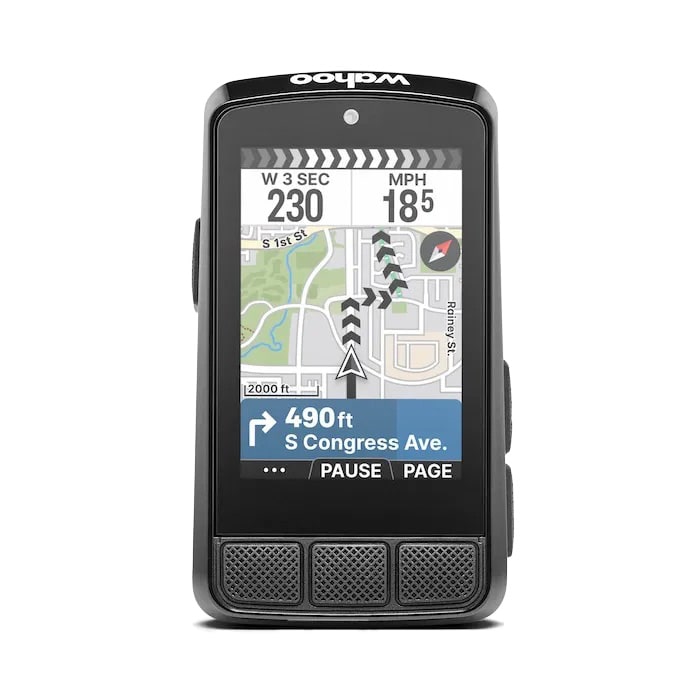 Wahoo ELEMNT BOLT V3 bike computer against minimalist backdrop, showcasing compact design.