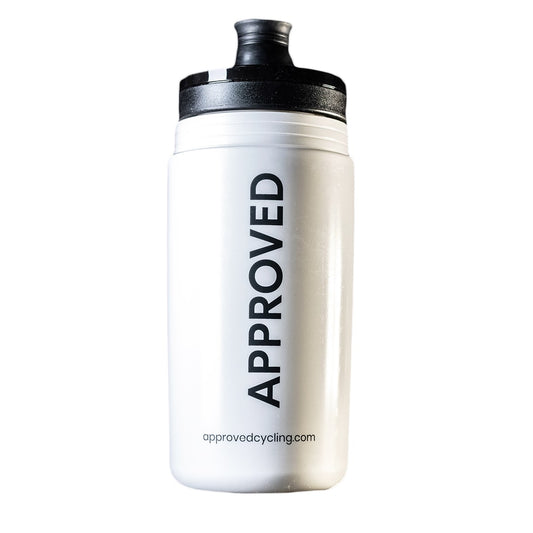 Approved Cycling Velo Bar 600ml water bottle in white and black, 3/4 front view showcasing ergonomic design.