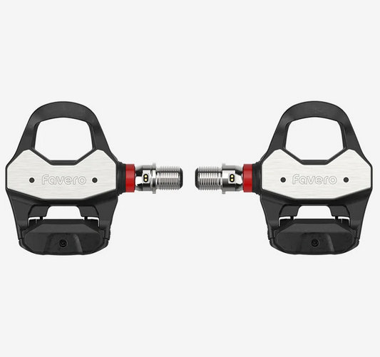 Favero Assioma road cyclist power meter pedals — angled view of pedal and spindle