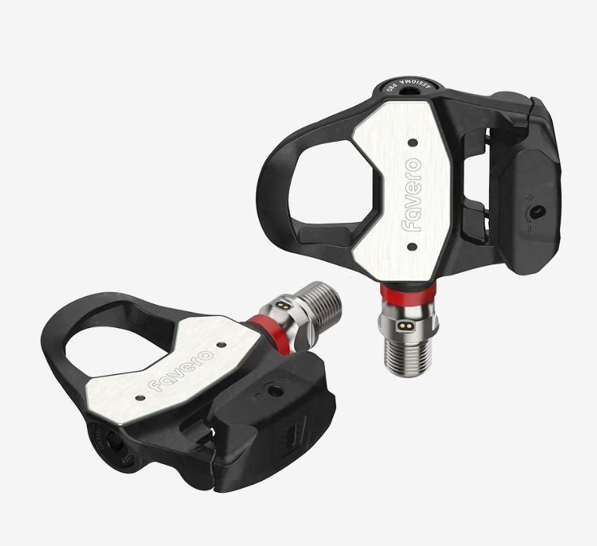 Favero Assioma road cyclist power meter pedals — angled view of pedal and spindle