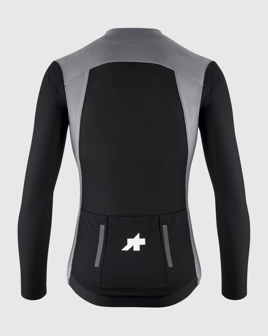 Assos EQUIPE RS Spring Fall Jacket S11 back view in Fanatic Silver showing VIPER sleeves and reflective pocket details