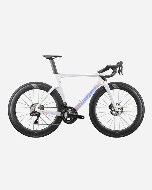 Bianchi OLTRE PRO Ultegra Di2 Powermeter RC 64R road bike in Bianco California/Logo Rosa/Blu-Glossy