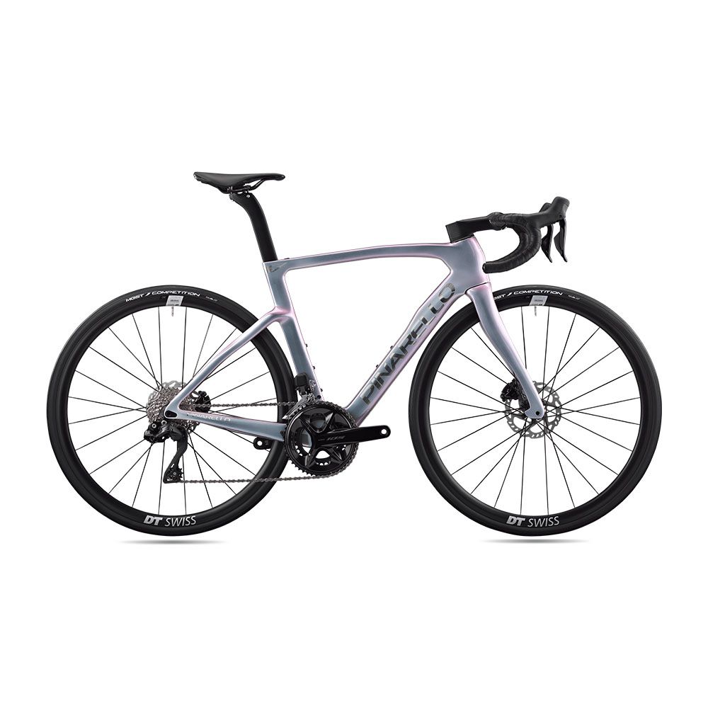 Pinarello F3 road bike, full side profile showcasing aerodynamic frame and integrated seat post.
