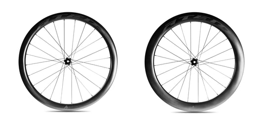 Approved Cycling NICH Atem 4S carbon road bike wheels, 45mm depth, front wheel side profile, black and sleek.