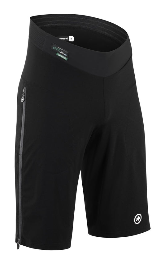 ASSOS MILLE GTC ZEPPELIN C2 Men's Cargo Shorts: Side view, zipped leg opening. Increased visibility reflective strips.